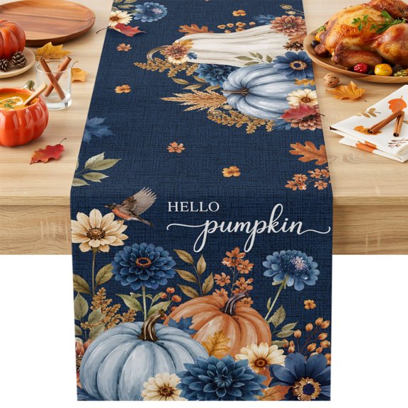 Hello Pumpkin Table Runner 13x60 Inch Thanksgiving Fall Orange Blue Pumpkin Dahlia Floral Table Runners Dresser Scarves Autumn Kitchen Dining Table Decoration for Home Party Indoor