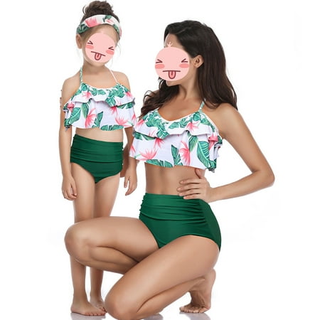 Jurebecia Mother and Daughter Swimwear Family Matching Swimsuit Girls Two Pieces Bikini Set Falbala Bathing Suits