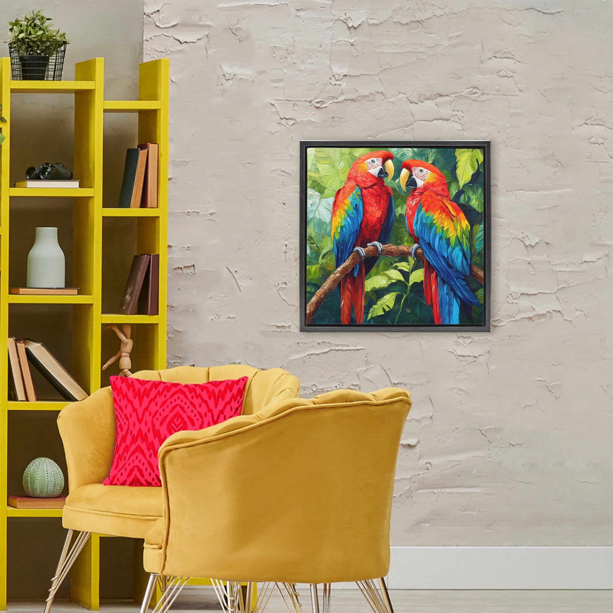 Stupell Industries Tropical Parrot Pair Black Framed Floater Canvas Wall Art, design by Petal Prints Design