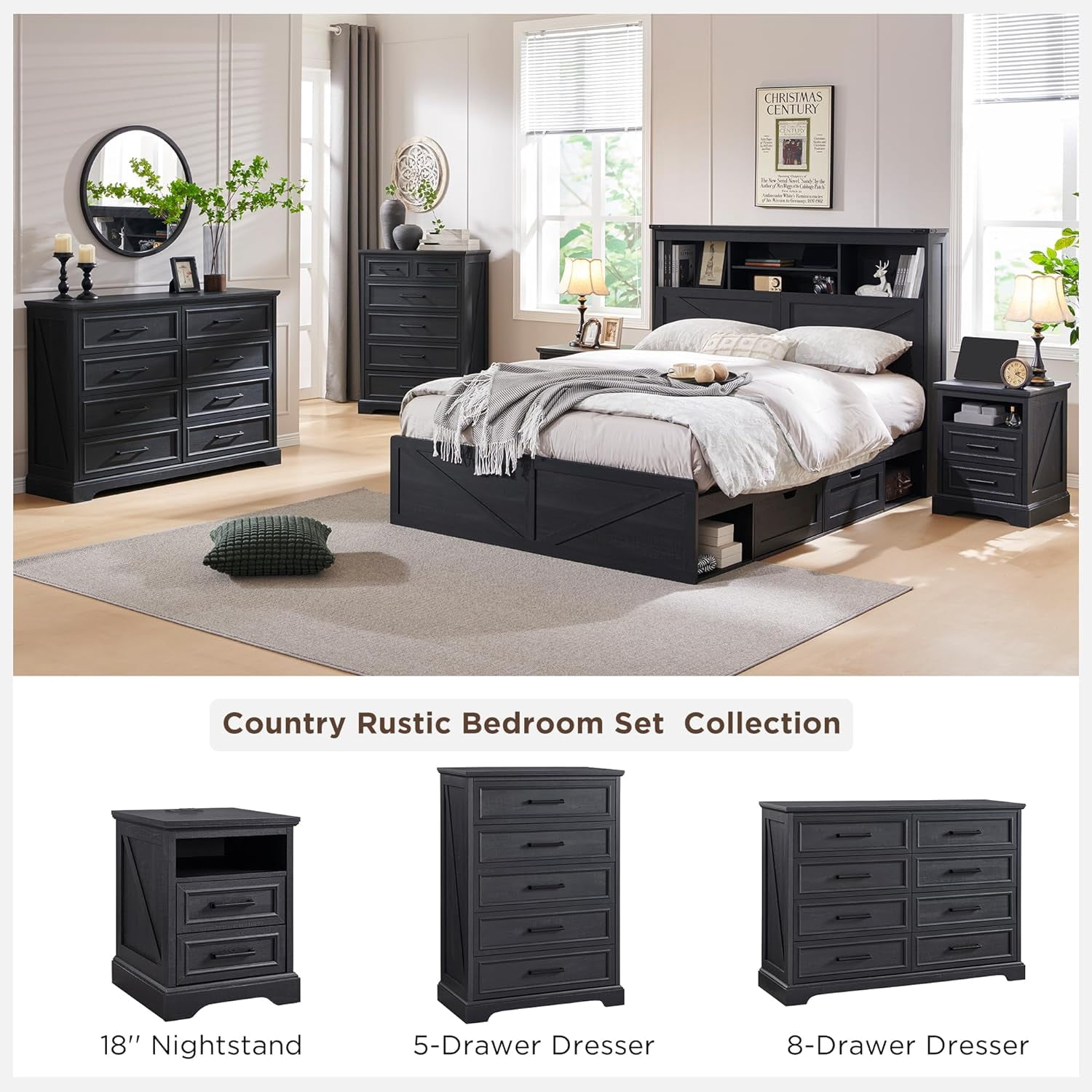 ACCOHOHO 18" Farmhouse Nightstand with Charging Station, End Table with 2 Drawers Storage, Black