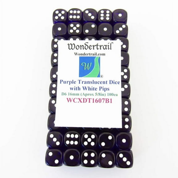 Purple Translucent Dice with White Pips D6 16mm (5/8in) Pack of 100 Wondertrail