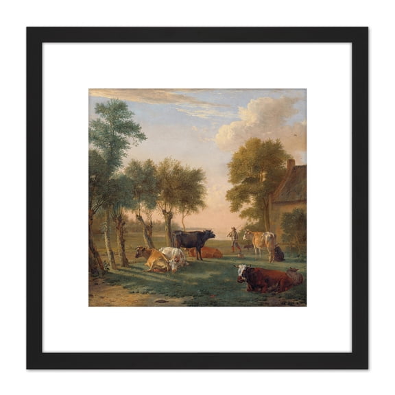 Paul Gabriel Cows In A Meadow Near A Farm Painting 8X8 Inch Square Wooden Framed Wall Art Print Picture with Mount
