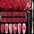 thumbnail image 1 of 3600 piezas de diamantes de imitación redondos rojos con parte trasera plana de 1,8 a 4 mm para manicura, 6 tamaños múltiples, juego de joyas de cristal con brillo y diamantes con pinza y lápiz de rec, 1 of 5