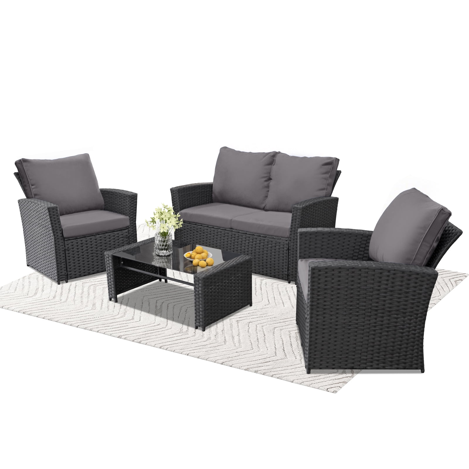 Ainfox 4-Piece Gray Outdoor Wicker Patio Furniture Set, Rattan Sectional Sofa with Cushions & Glass Table