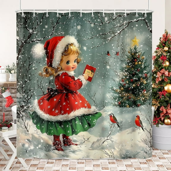 Cute Retro Christmas Girl Shower Curtain, Winter Forest Xmas Tree Snow Scene Shower Curtain for Bathroom Decor, Vintage Christmas Fabric Bath Curtains with Hooks,70X70IN