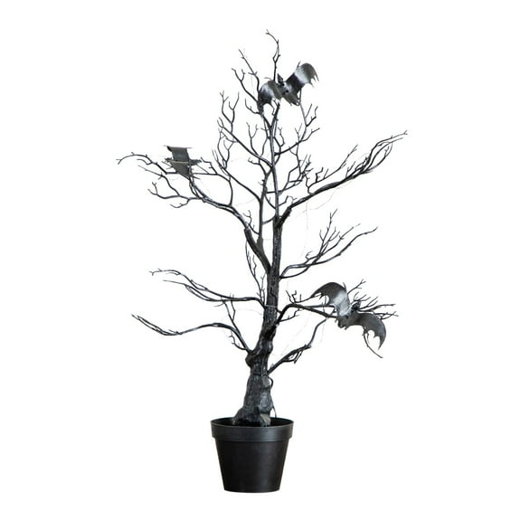 Nearly Natural Pre-Lit Bats Artificial Halloween Twig Potted Tree with Bats - 2' - Orange and Purple