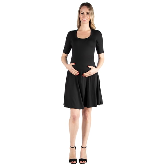 24seven Comfort Apparel Maternity Scoop Neck Elbow Sleeve Knee Length Skater Dress