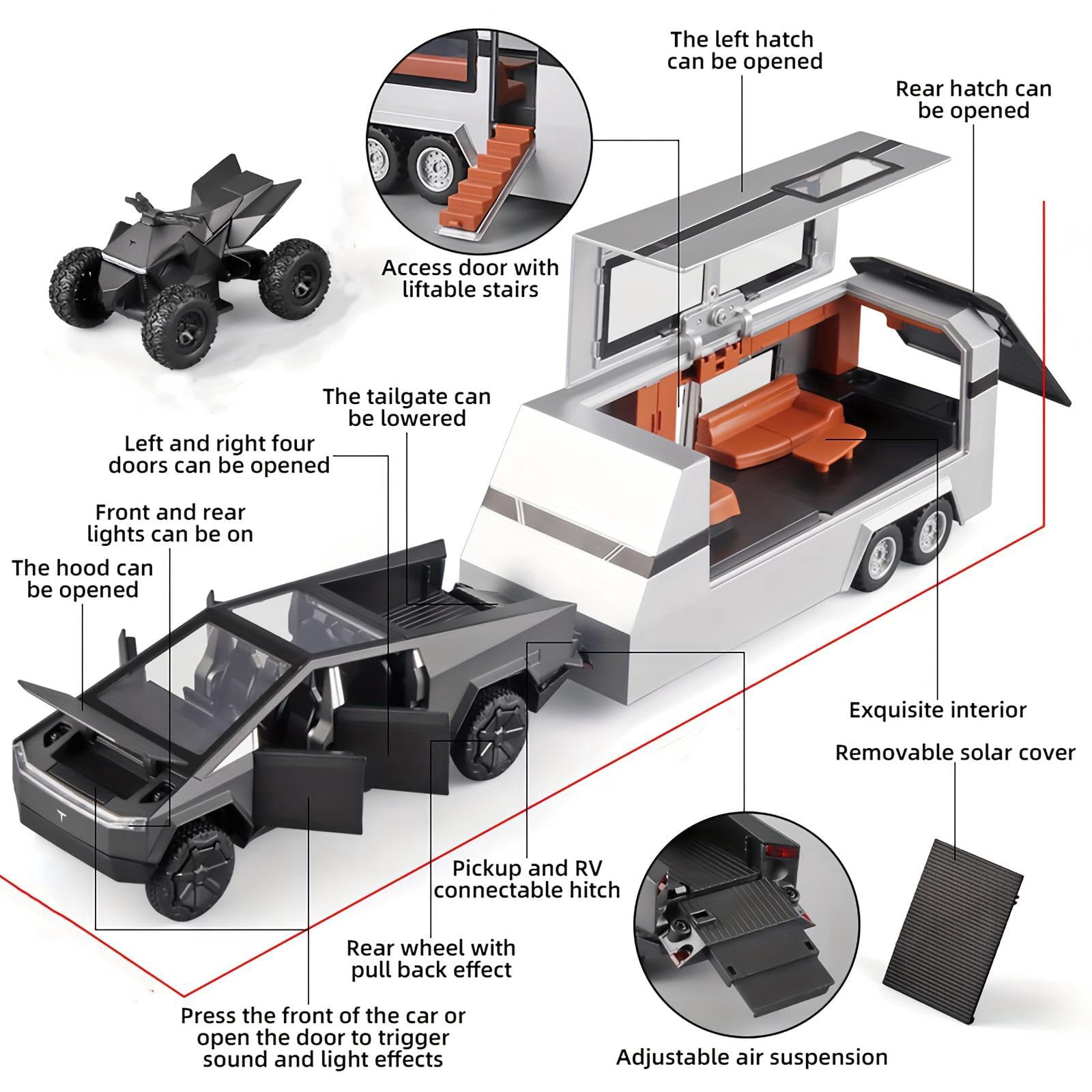 Cybertruck A Escala 1/24 Con Cyberquad – Modelo De Aleación Con Luces, Sonido Y Suspensión, Sin Pilas