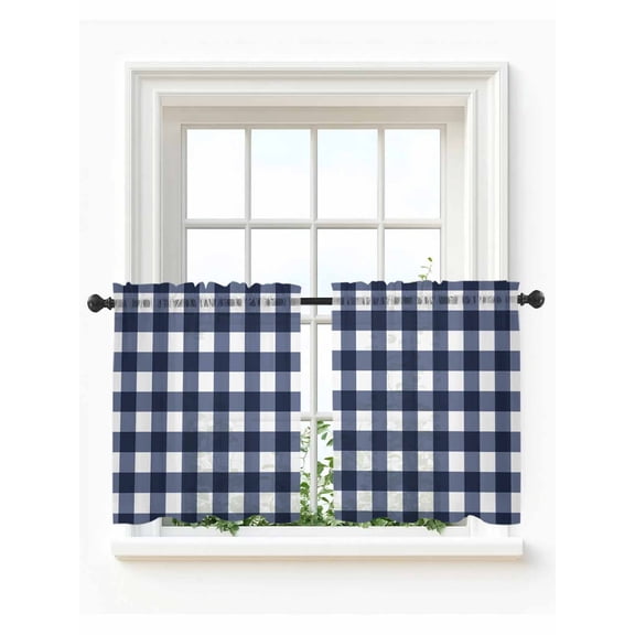 Navy Blue Check Tier Curtains 24 Inch Length, Sheer Curtains for Bedroom Living Room Window Farmhouse Buffalo Plaid Blue Rod Pocket Voile Drapes Kitchen Curtains Small Half Window 27.5"x24" 2 Panels