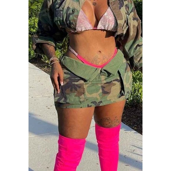 Zip Up Front Sexy Camo Mini Skirt (XL, MultiGreen)
