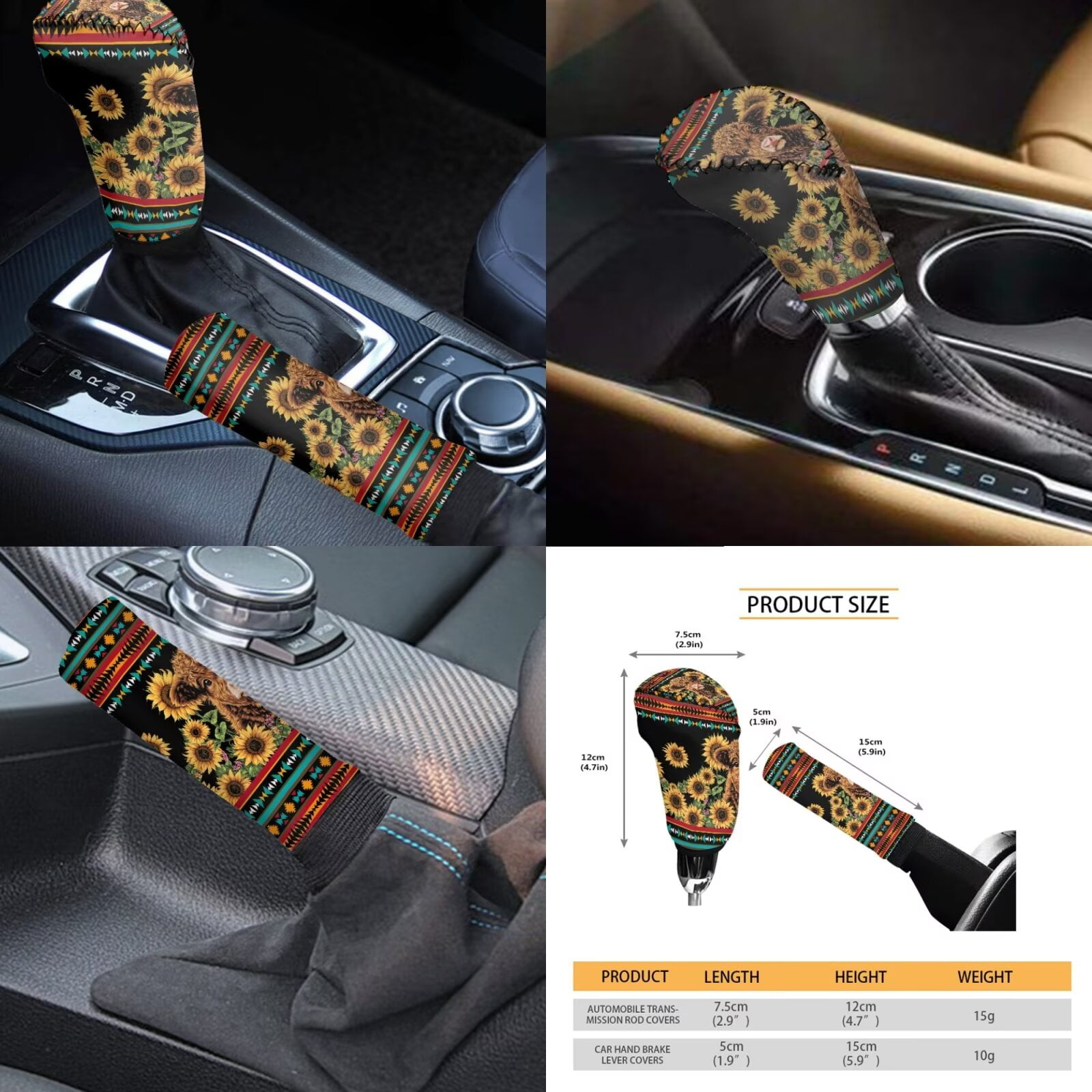 Garronmavis Aztec Highland Cow Sunflower Car Seat Covers Full Set Steering Wheel Wrap Gear Shift Cover Handbrake Sleeve Headrest Protectors Cup Coaster Set of 11 Decor Interior Protector