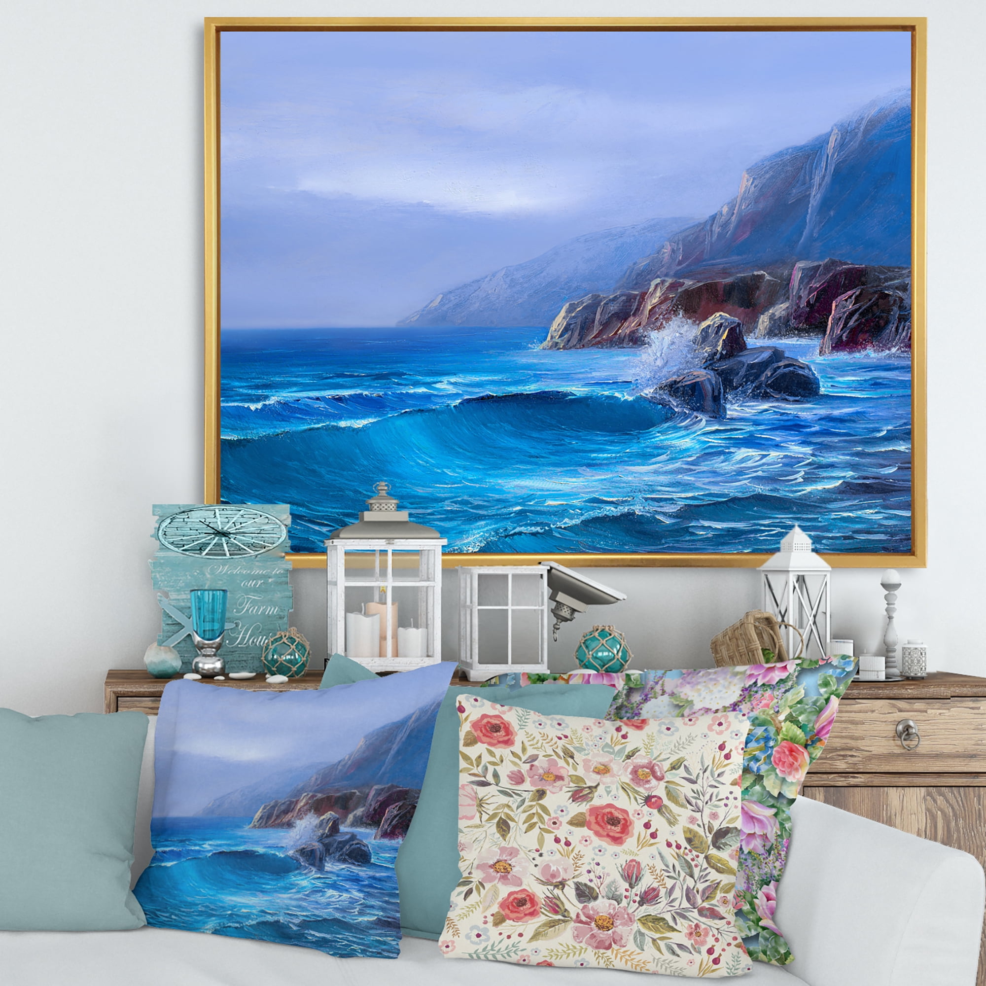 Designart 'Sunrise Glow On Sea Wave Paints On A Canvas' Nautical & Coastal Framed Canvas Wall Art Print