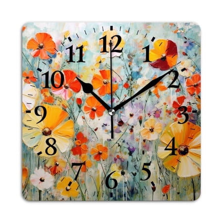 Square Wall Clock,Abstract Painting Of Wildflowers With Large Flowers In Shades Of Yellow,Silent Non-Ticking Wall Clock Decor for Home Office Kitchen Living Room Bedroom(10inch)