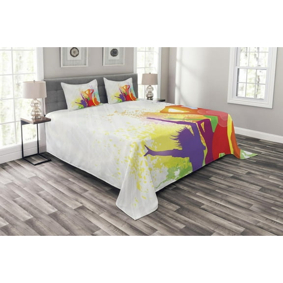 Ambesonne Retro Quilted Bedspread Set 3 Pcs, Splashing Dancing Girls, King Size, Multicolor