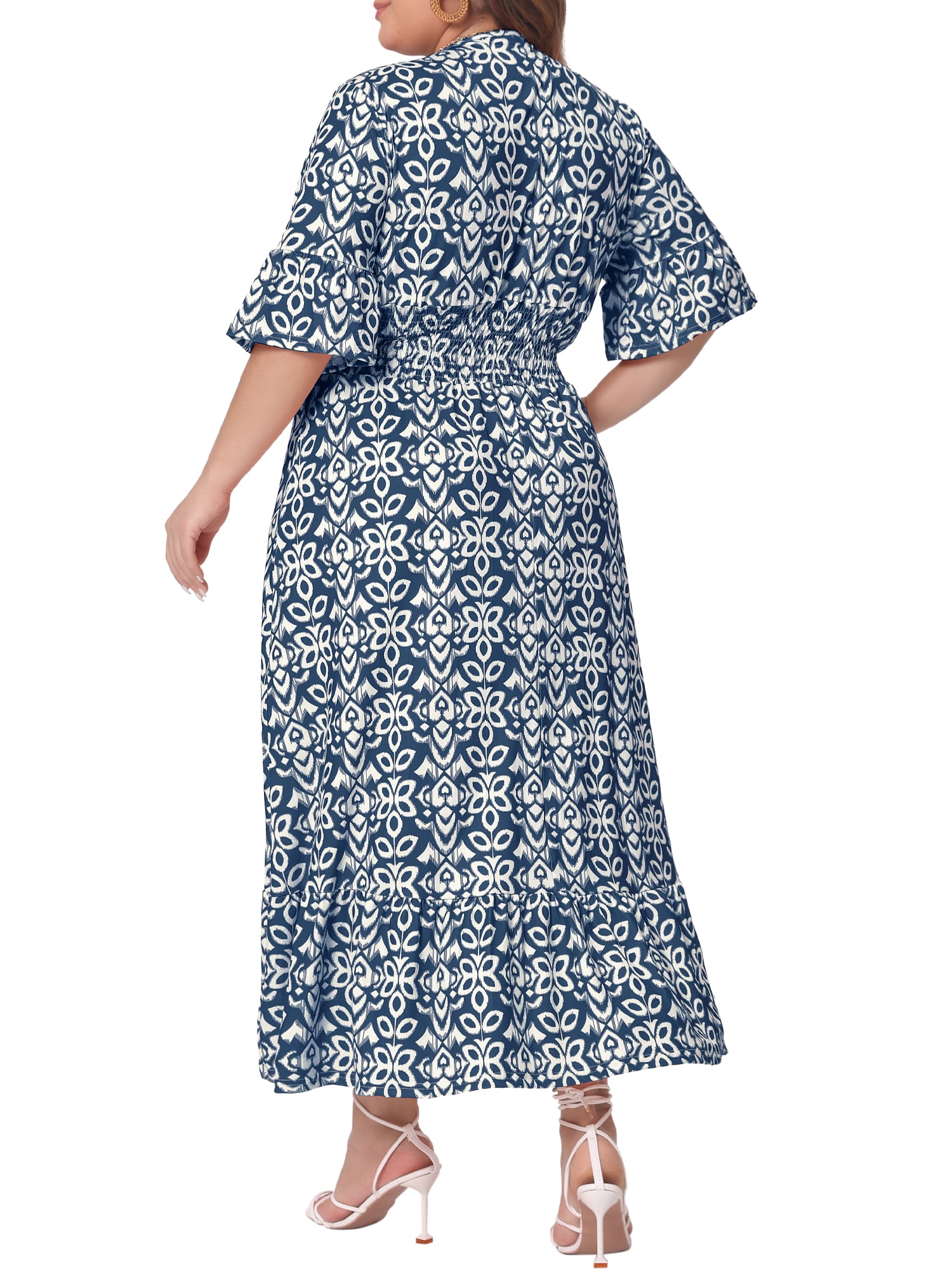 DARING DIVA Women's Plus Size Bell Sleeve Ruffled Hem Boho A Line Dress 2X Navy Blue