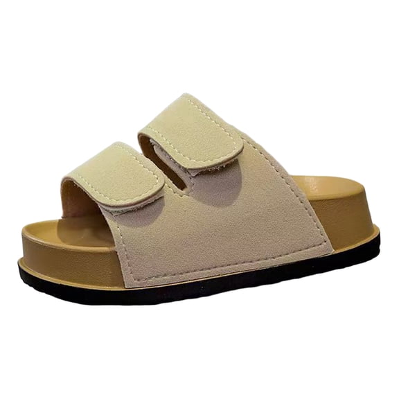 Dakaela 3-10 Years Toddler Kids Slides Sandals with Arch Support Boys Girls Infant Non Slip Cork Footbed Clogs with Hook and Loops Beige