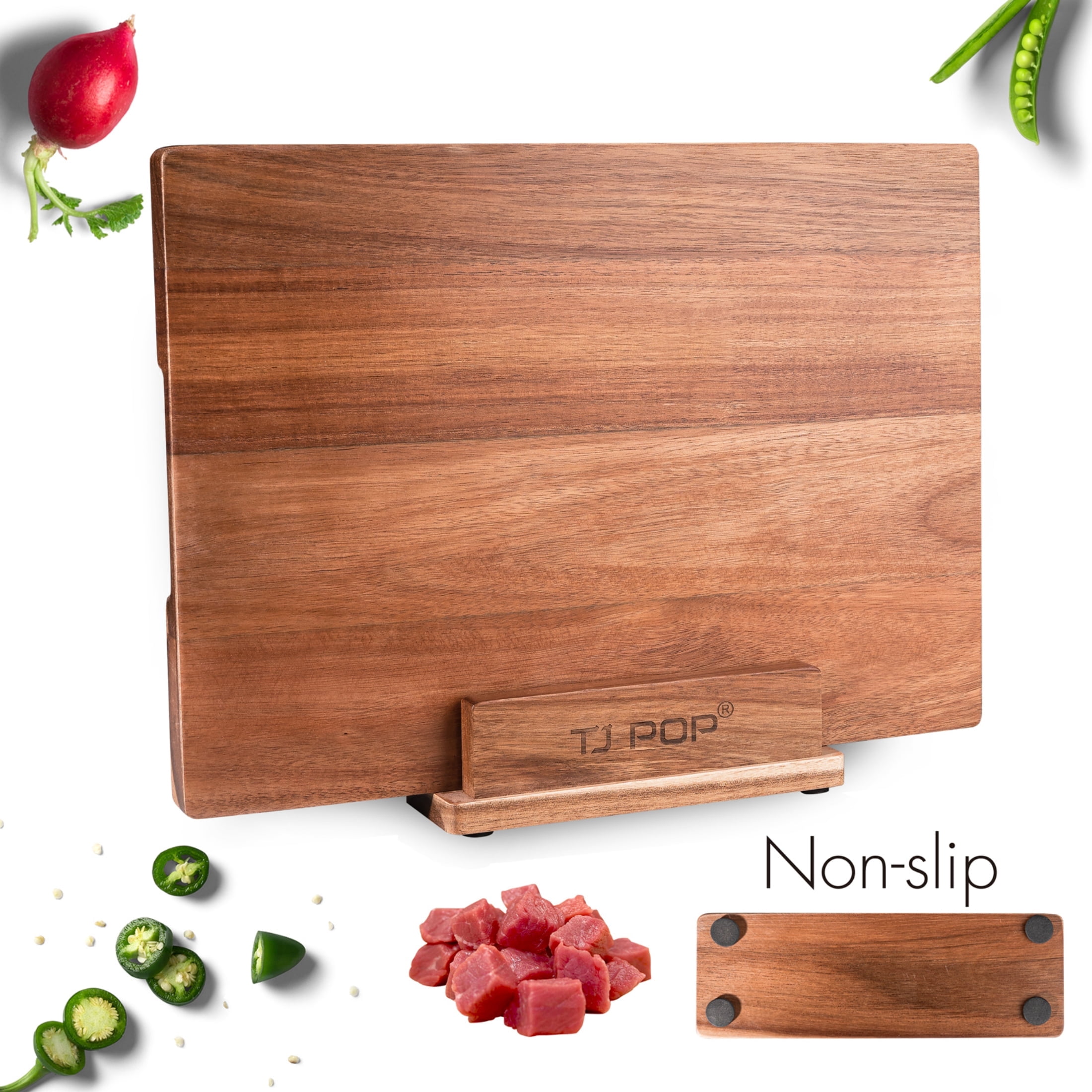 TJ POP Acacia Wood Chopping Board for Kitchen, Premium Wooden Cutting Board with Stand Organizer and Built-in Handles, 16 X 12 X 1 in
