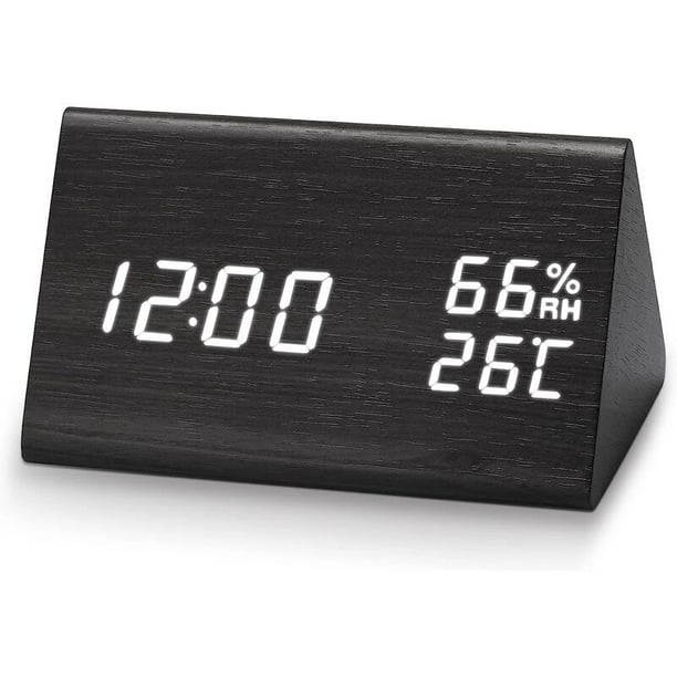 Reloj despertador digital, reloj despertador LED de madera, reloj de mesa con sonido activado/función de memoria/repetición/fecha/temperatura y humedad, modo de repetición, para dormitorio/sala de estar/habitación de niños (negro)