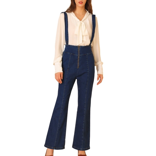 INSPIRE CHIC Pantalones vaqueros de mujer Pantalones de mezclilla Pantalones de campana con cremallera en la parte delantera Mono largo con monos Azul XS