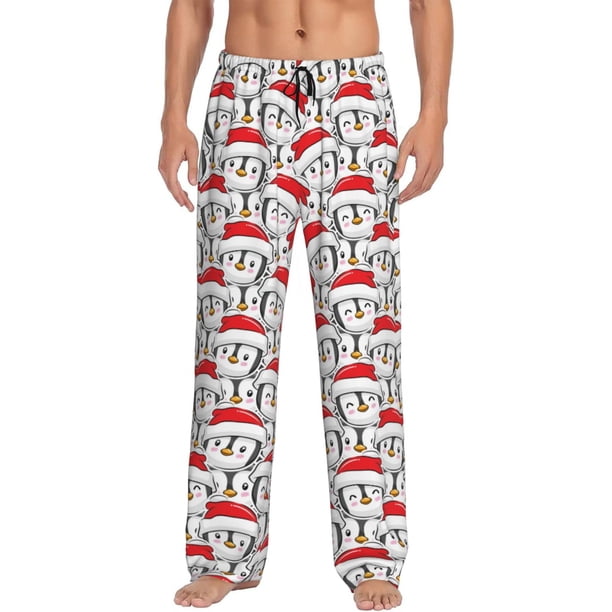 Fotbe Cute Christmas Hat Penguin Pantalones de Pijama para Hombre, Pantalones de Dormir, Pantalones de Casa con Cintura Ajustable y Bolsillos-3X-Large