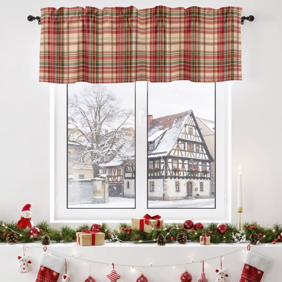 Christmas Plaid Valance Curtain for Windows Winter Pastoral Rustic Red Green Beige Gingham Check Rod Pocket Curtain Valances Short Window Treatments Panels for Kitchen Bathroom 60 x 18 Inch