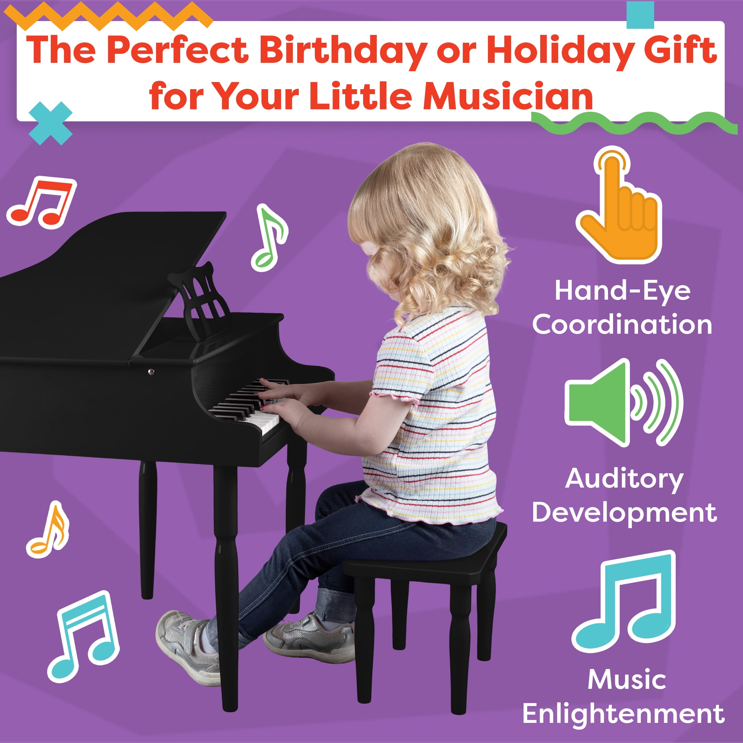 Hey Play Kids Piano - 30 Key Mini Grand Piano with Music Stand and Bench