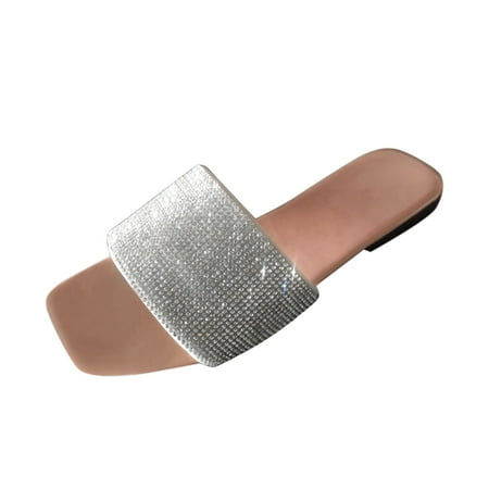 

ZTTD Women s Flat-Bottom Square Toe Slippers Fashion Rhinestone Sandals And Slippers Women s Slipper A
