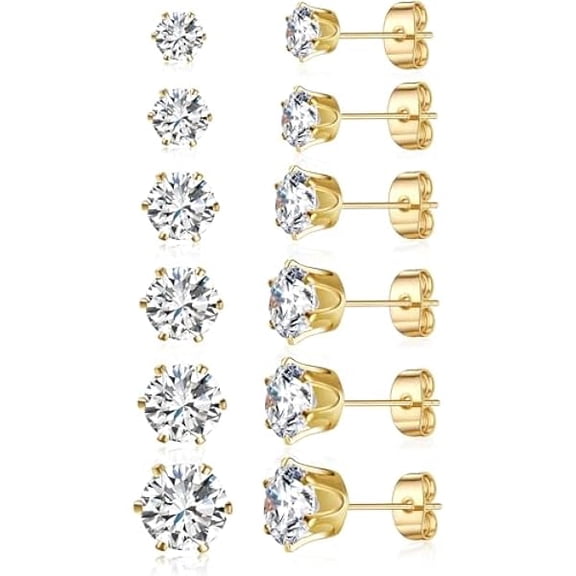ZLC 5 Pairs Princess Cut Cubic Zirconia Stud Earrings for Women/Men - 18K Gold Plated Hypoallergenic 3-7mm Square Clear CZ Earring Set