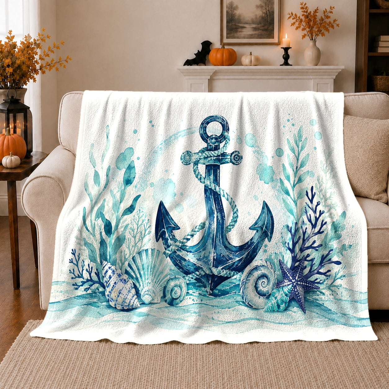Nautical Anchor Seashell Coastal Theme Peaceful Coastal Landscape Scene Warm Flannel Blanket for Beach House and Living Room Beach Lovers Housewarming Gift Coastal Home Decor