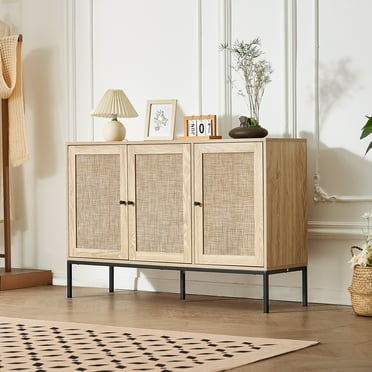 KFFKFF Wicker Cabinet, Wicker Storage Unit with 3 Secure Doors and Customizable Shelving, Multipurpose Cabinet for Corridor, Foyer, Living Area, or Kitchen, Organic