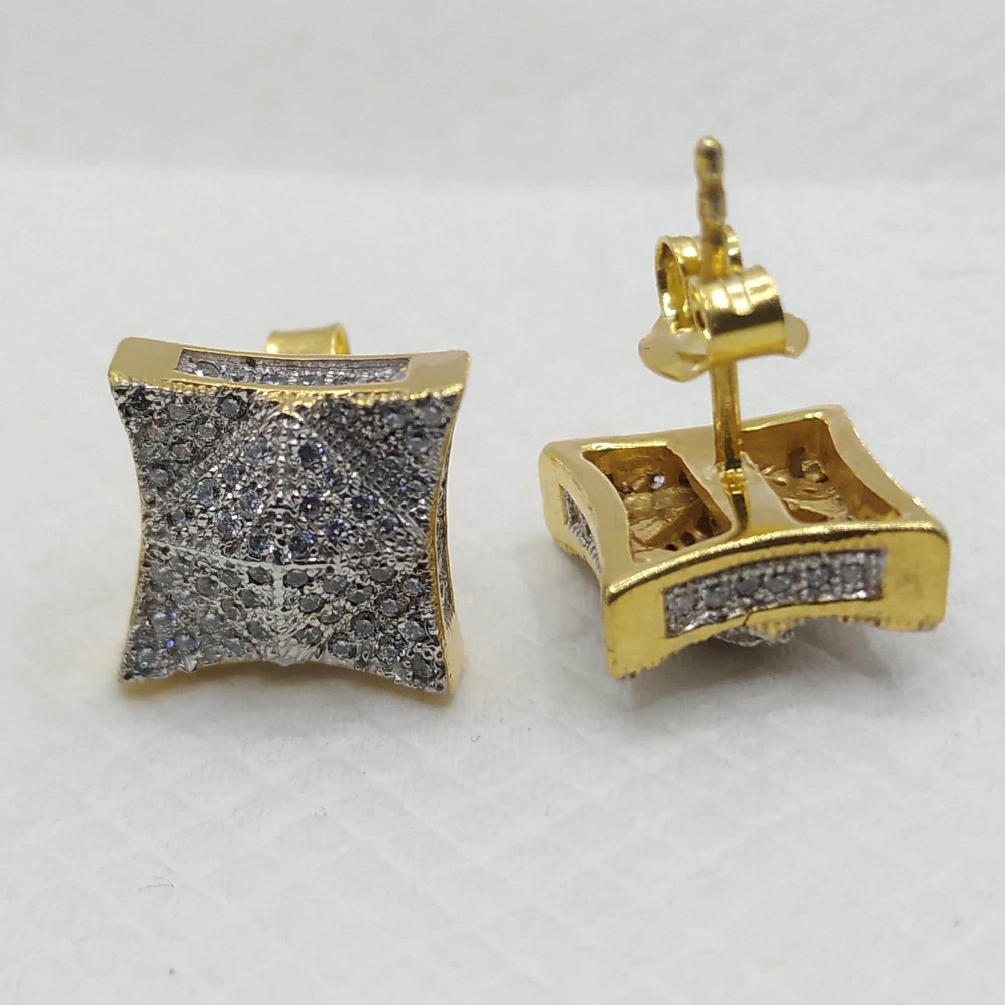 14K Yellow Gold Plated Brass 1Ct Round Cut Clear CZ Men's Square Stud Earrings, Micro Pave CZ Stud Earrings Kite Shape Square Stud Earrings