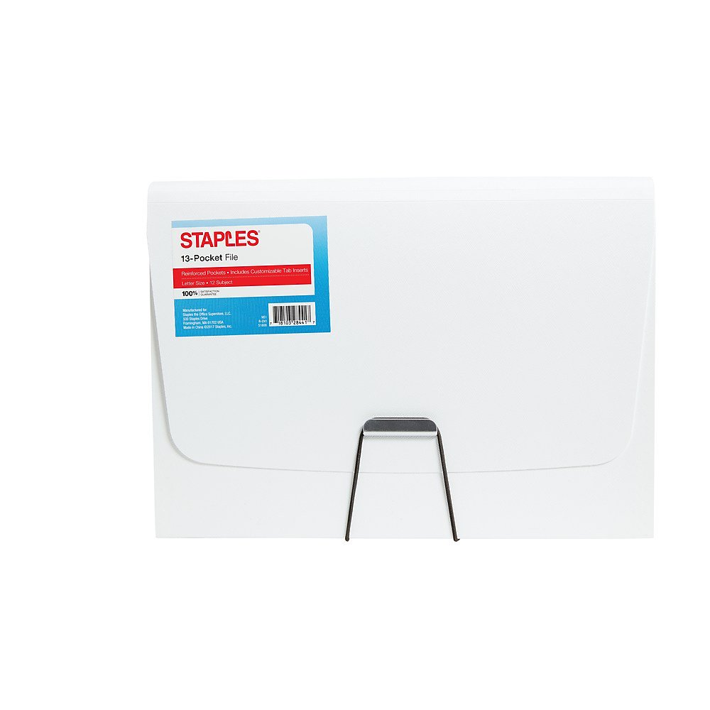 Staples Plastic 13 Pocket Reinforced Expanding Folder Letter Size White