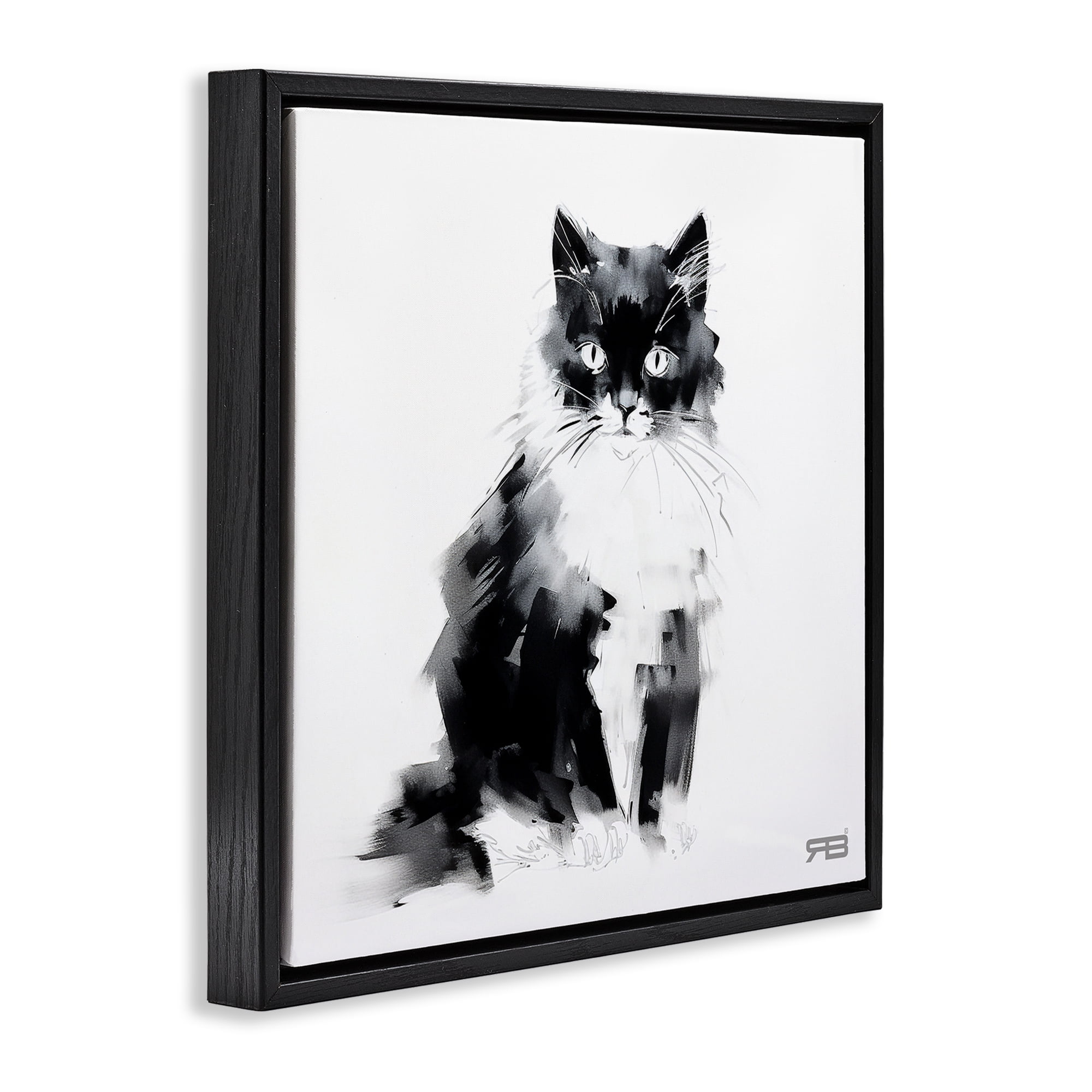 Stupell Industries Abstract Black & White Cat Animals & Insects Painting Black Floater Framed Canvas Art Print Wall Art, 18 x 18