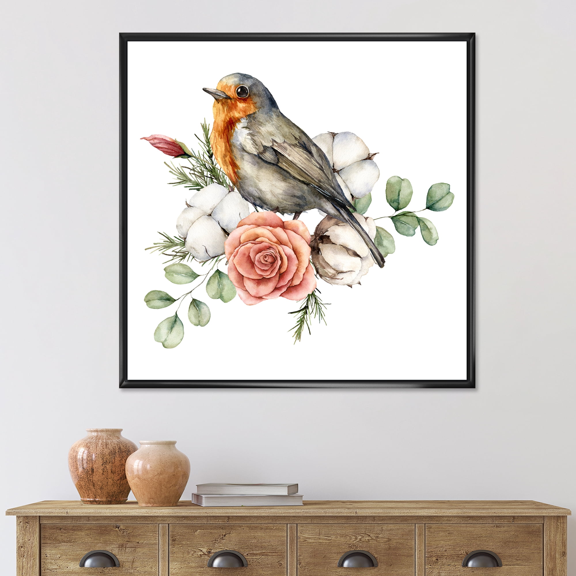 Cotton Rose and Leaves With Robin Redbreast 36 in x 36 in Framed Painting Canvas Art Print, by Designart