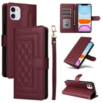 Compatible with iPhone 11 Case, Premium Leather iPhone 11 Wallet Book Case Magnetic Flip RFID Blocking Credit Card Holder Kickstand with Wrist Strap Shock Absorbing Case, Winered