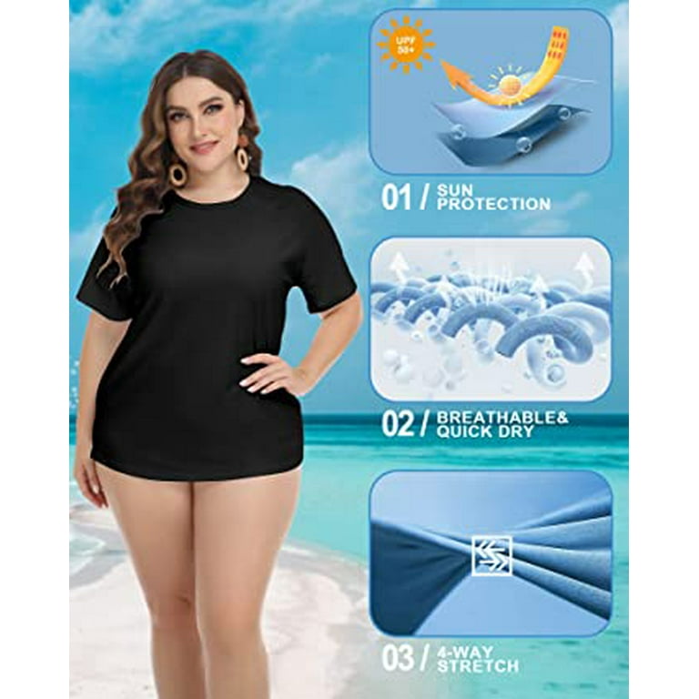 TIYOMI Women's Plus Size Swimsuit Zip Tops 3X Black Raglan Rash Guard Shirts  Short Sleeve Surfing Swim Shirts 3XL 22W 24W 