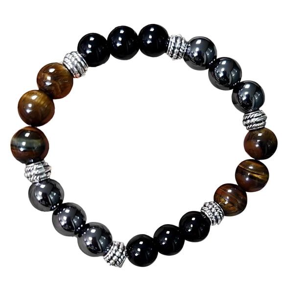 Tiger Eye Beaded Bracelet, Obsidian Hematite & Black Agate Gemstone, Natural Stone Hand-Polished Healing Energy Bracelet, Alloy Beads for Men and Women, Suitable for Many Occasions