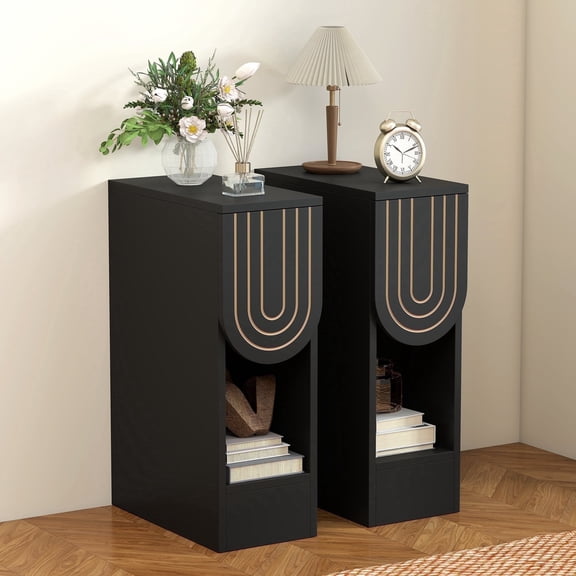 7.87" Ultra Narrow Nightstand Set of 2 with Drawer and Open Shelf, Carved Line Design Bedside Table for Bedroom, Black