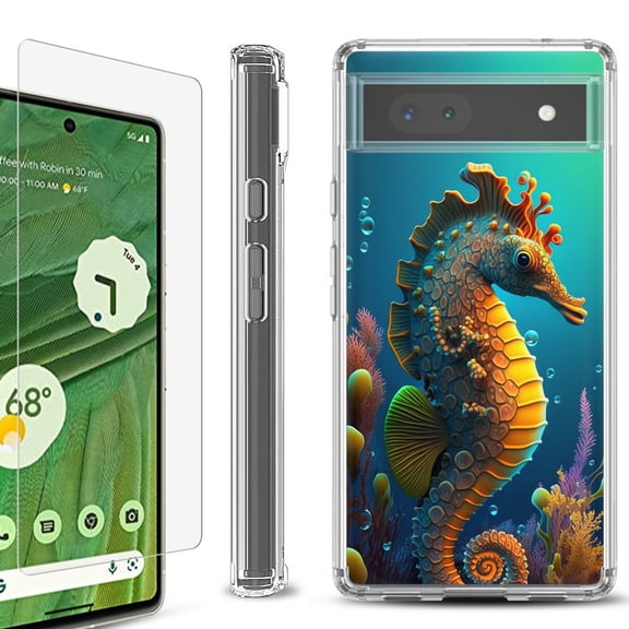 Shockproof Bumper Phone Case for Google Pixel 6a, with Tempered Glass Screen Protector, by OneToughShield ® - Seahorse