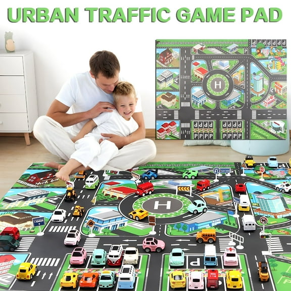 LAMIRO Kids Rug, Playroom Car Rug Play Mat, City Life Road Rug for Cars, Fun City Map for Track Toys, Carpet for Bedroom Boys 51.2
