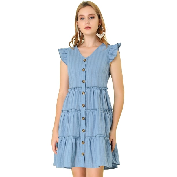 Vestido Escalonado Sin Mangas Allegra K Cuello V Botón Abajo para Mujer Azul Polvoriento S