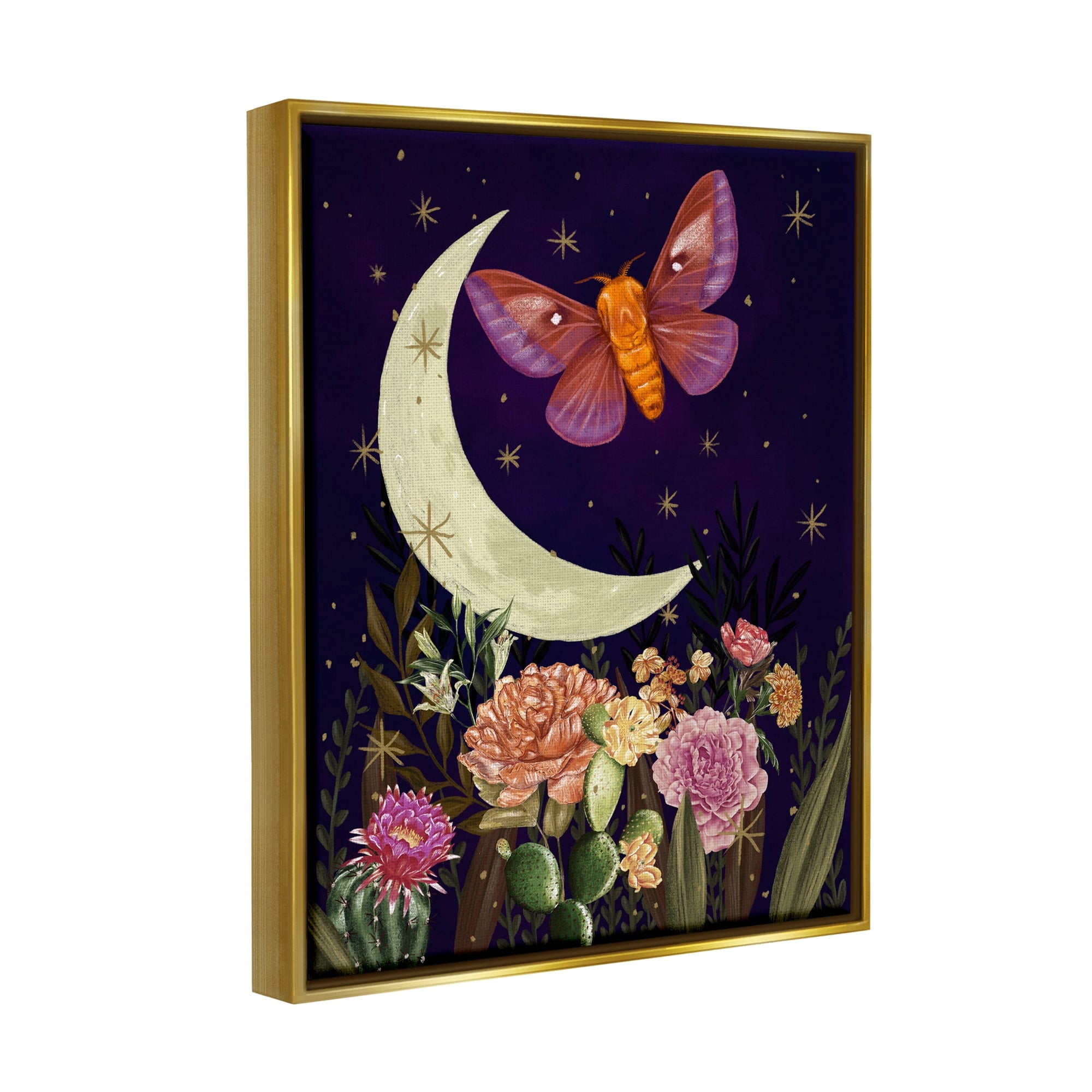 Stupell Industries Lunar Butterfly Flying Night Sky Floral Garden Graphic Art Metallic Gold Floating Framed Canvas Print Wall Art, Design by Raquel Maciel
