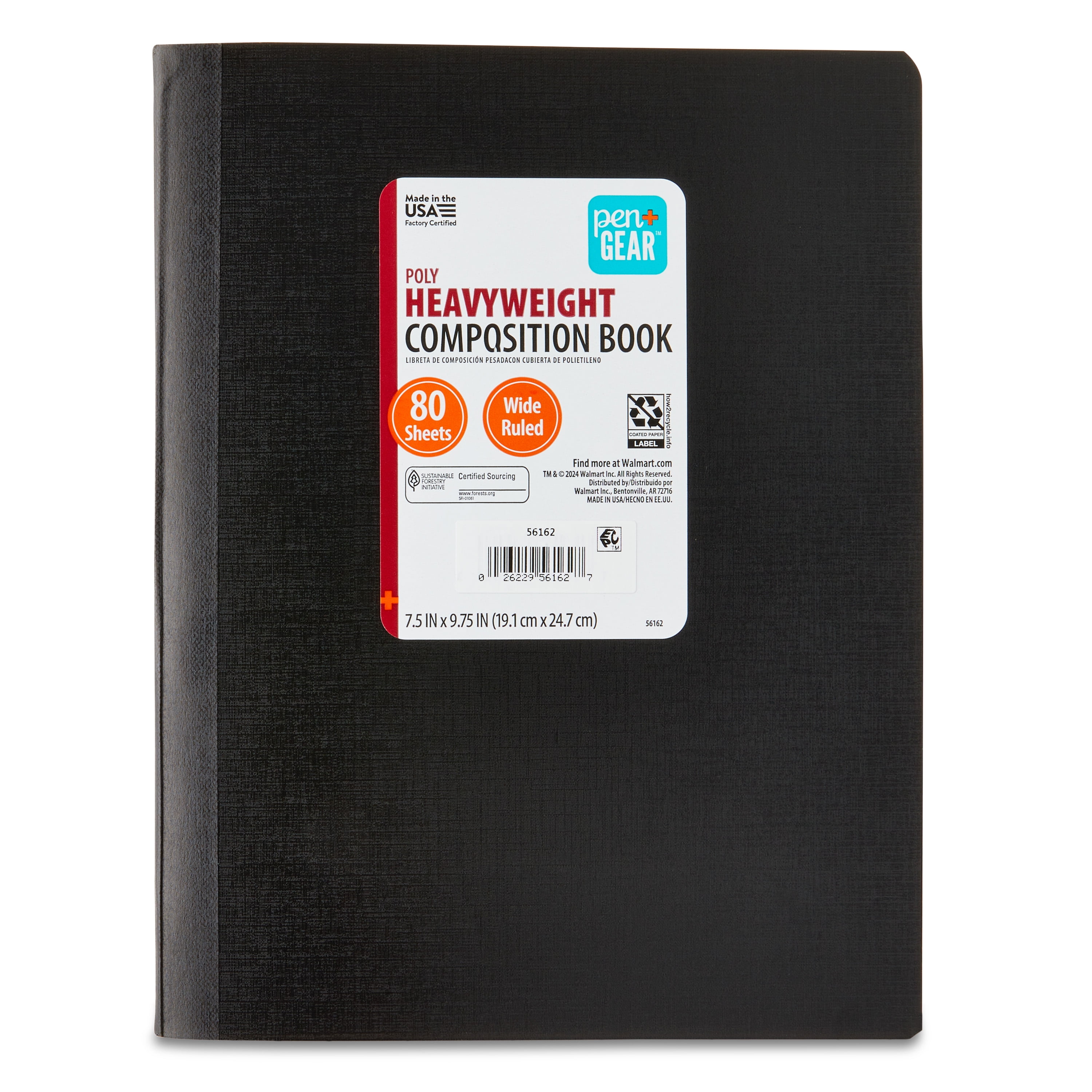 (3 pack) Pen+Gear Heavyweight Wide Ruled Poly Composition Book, 7.5 in x 9.75 in, Black, 80 Sheets