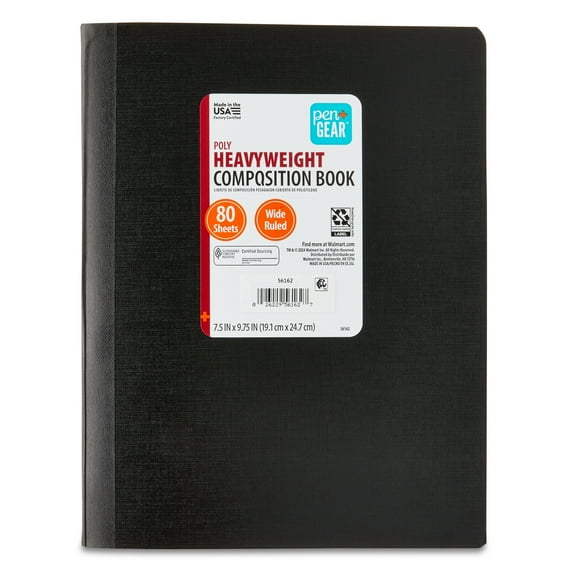 Pen+Gear Heavyweight Wide Ruled Poly Composition Book, 7.5 in x 9.75 in, Black, 80 Sheets