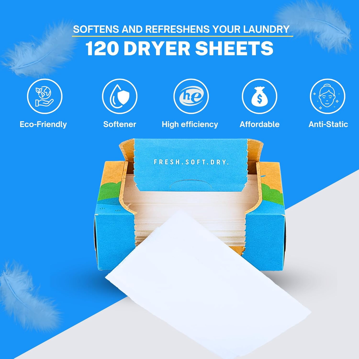 Dryer Sheets, 120 Count, Softens, Reduces Static & Freshens Laundry, Plastic-Free, Works with All Fabrics
