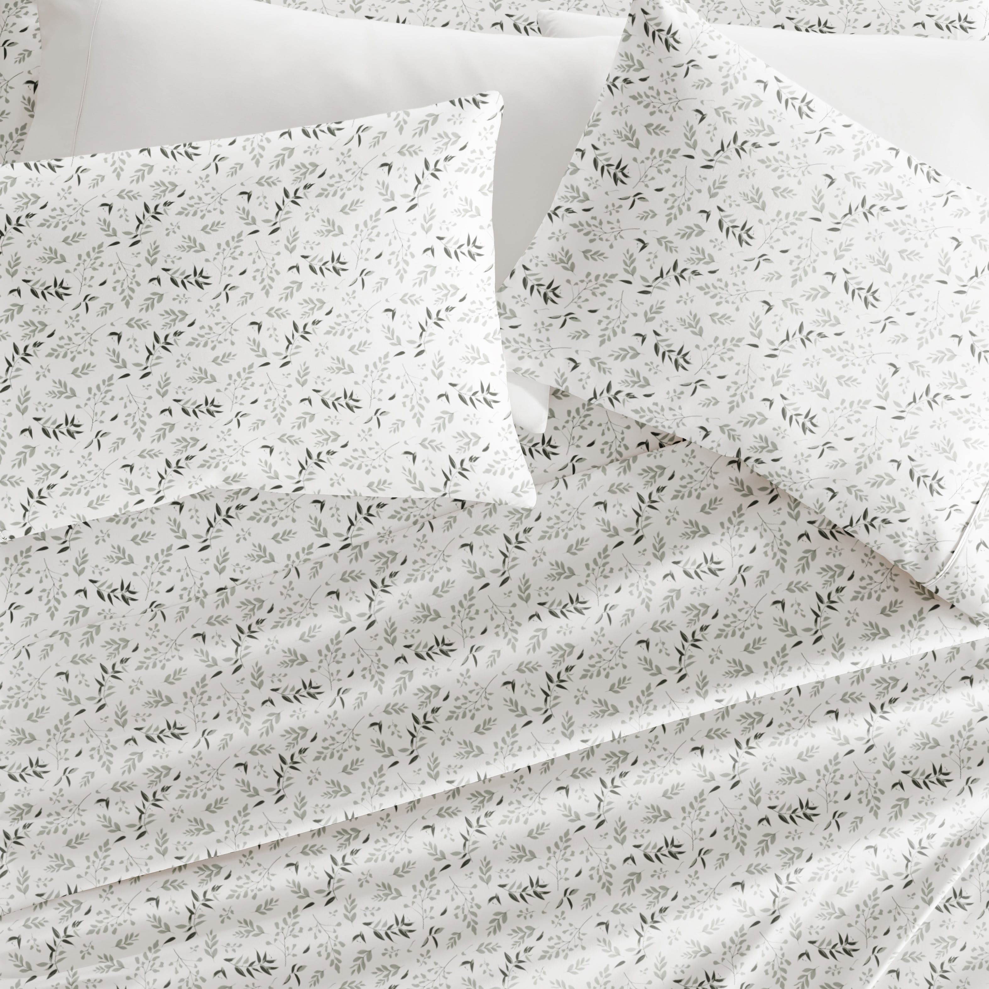 Noble Linens 4 Piece Pattern Microfiber Bed Sheets Set, Tossed Foliage Eucalyptus, Cal King
