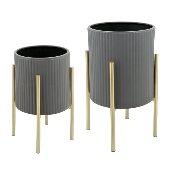 Sagebrook Home Set Of 2 Ridges Planter On Metal Stand, Gray/Gold, Round, Iron, Contemporary, 23"H, Ridges