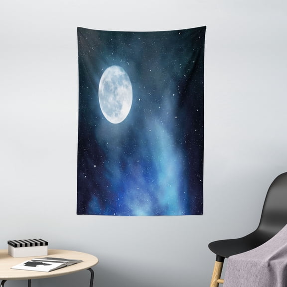 Moon Tapestry, Night Sky with Stars Full Moon Universe Space Heavenly Bodies Romantic Evening, Wall Hanging for Bedroom Living Room Dorm Decor, 40W X 60L Inches, Black Blue White, by Ambesonne