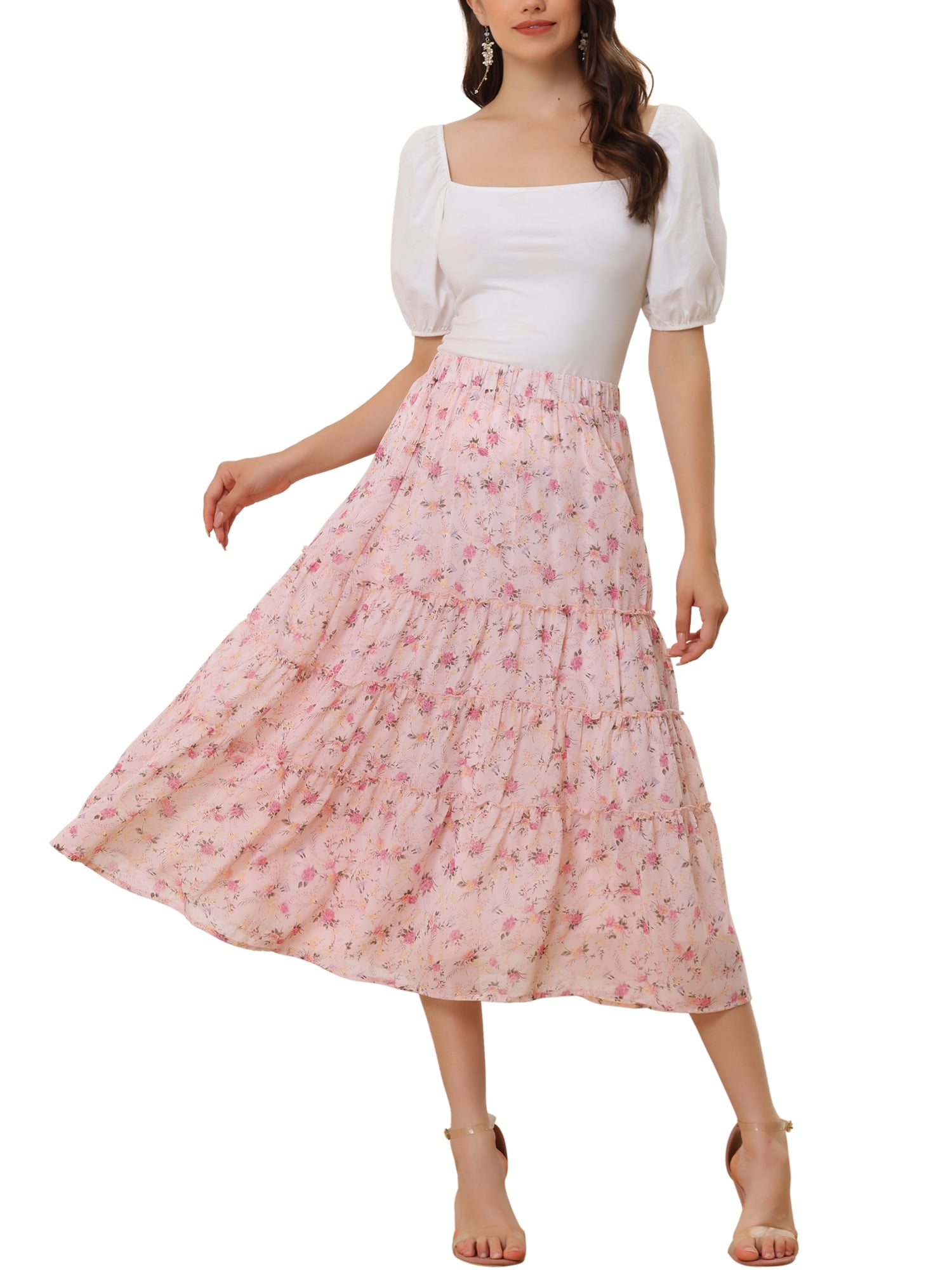 DARING DIVA Women's Chiffon Tiered A-Line Maxi Skirt XL Pink