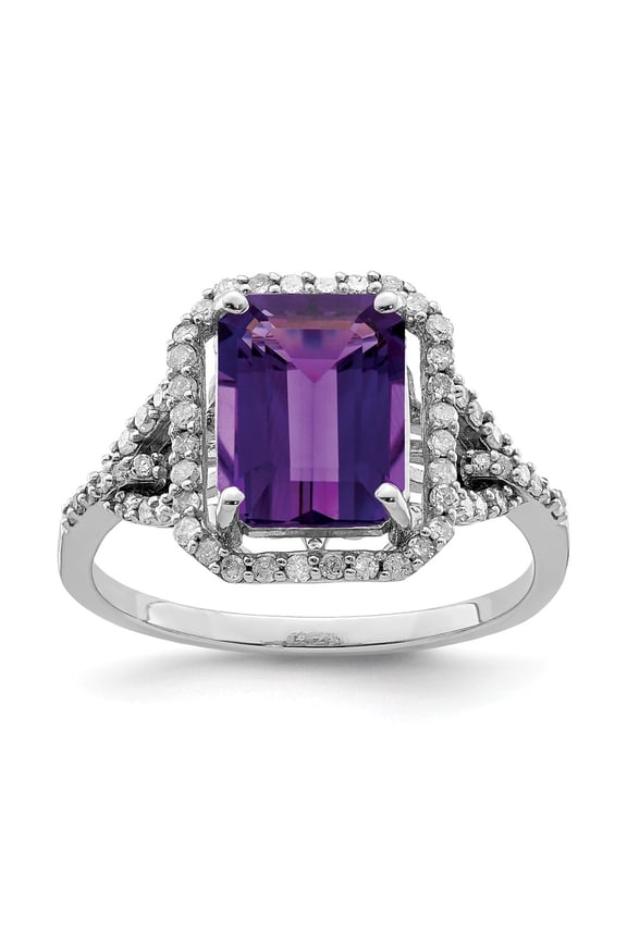 White Sterling Silver Ring Band Gemstone Amethyst Octagon Emerald Purple Diamond